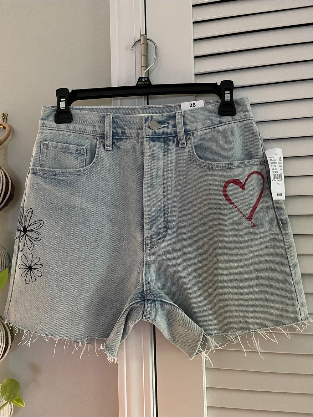 PacSun Light Wash Denim Shorts with Red Heart & Black Daisy Print - Women